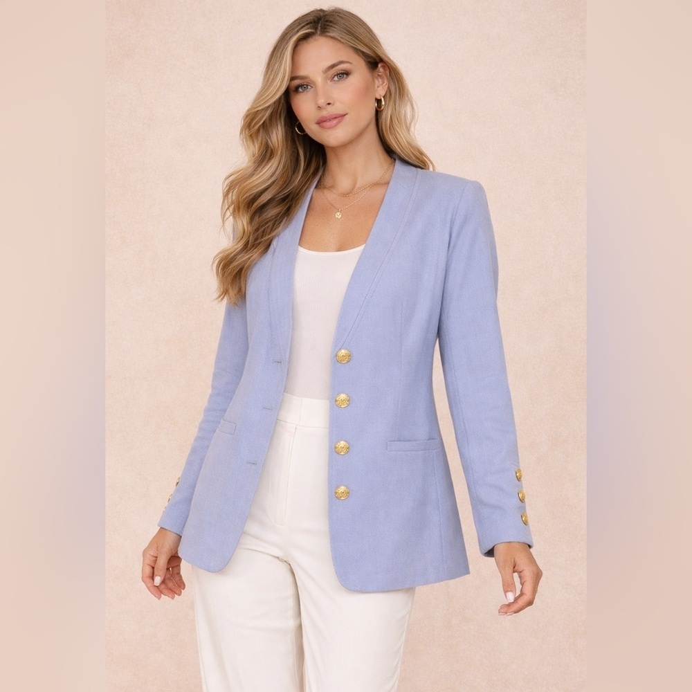 Vintage Bellesa Lilac Blue Rayon Blend Gold Button Blazer Size 12 Casual Chic
